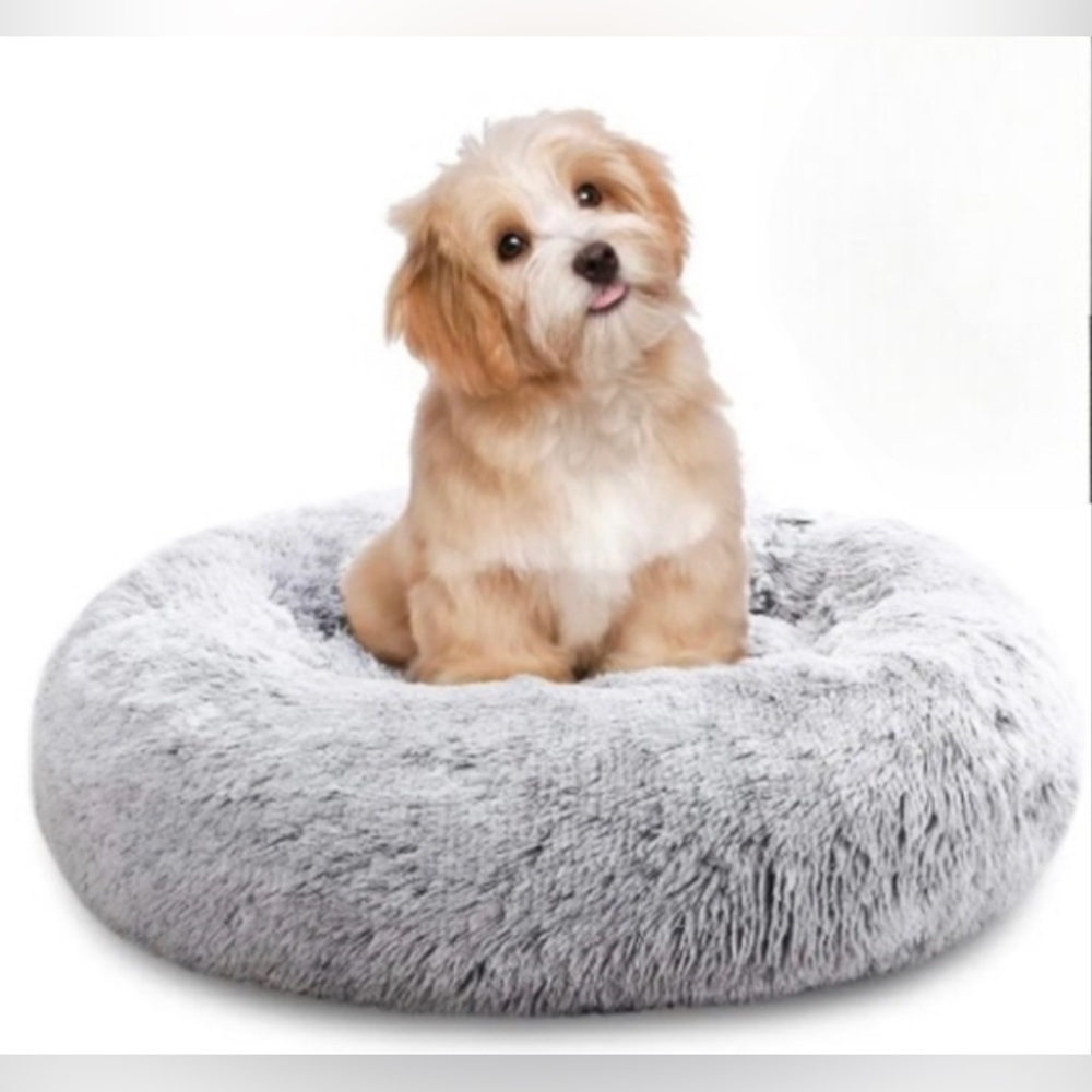 Calming Dog Cat Donut Bed Washable Fluffy Light Gray 24in (60cm)